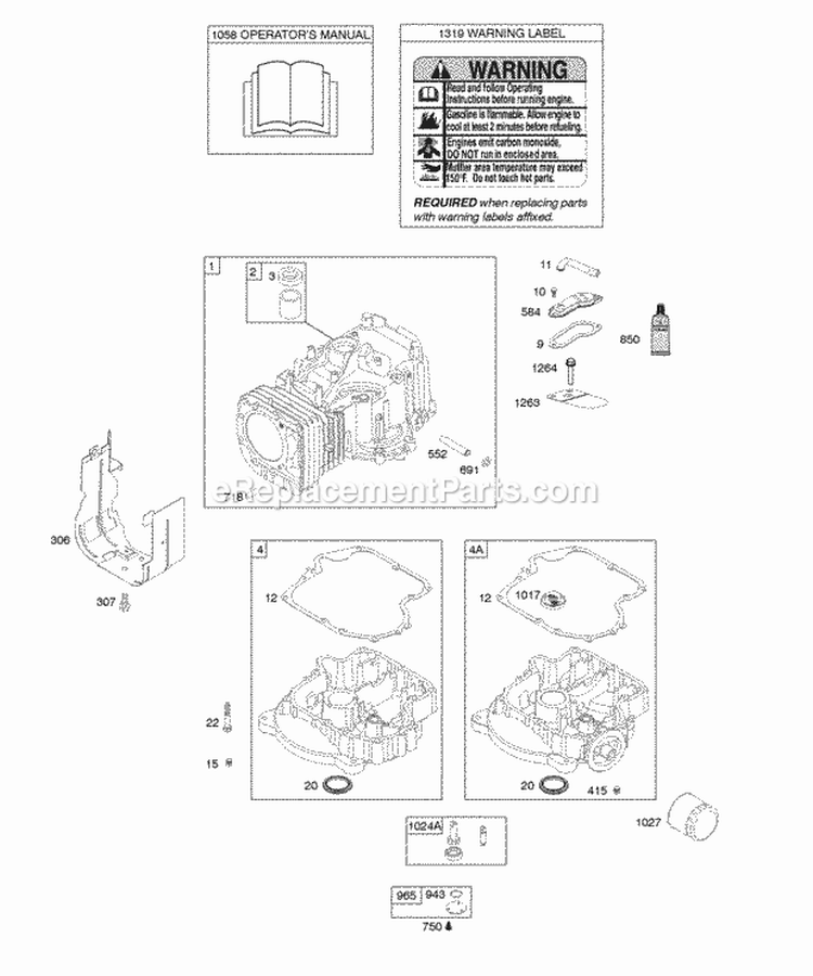 Cylinder Engine Sump OperatorS Manual Warning Label Diagram and Parts List for 21A807-0215-E1  Briggs and Stratton Engine